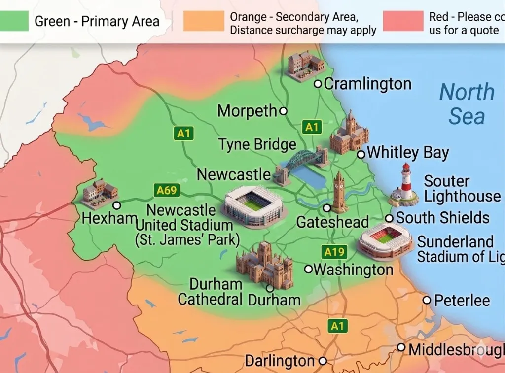 North East Cooker Installation service area map covering the North East